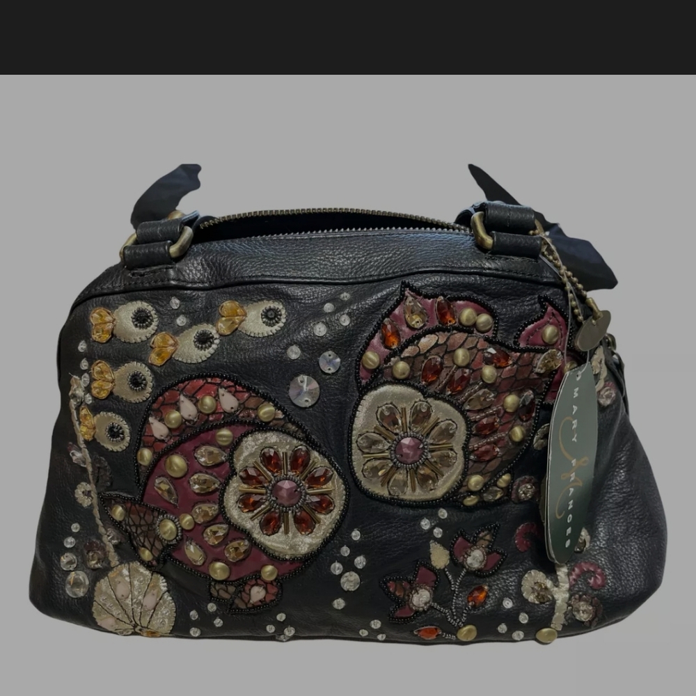 Mary Frances Vintage Deep Sea Connection Black Leather Beaded Fish satchel bag.